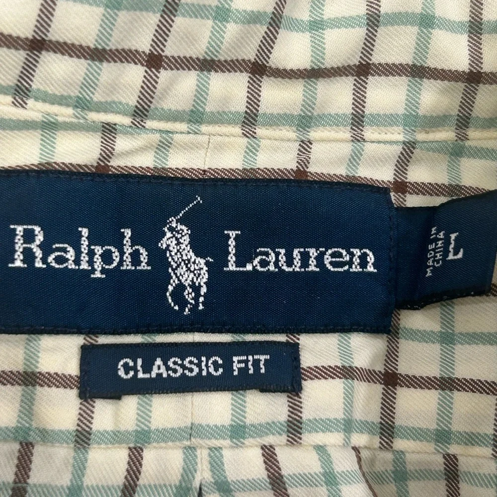 Polo Ralph Lauren Men's White and Green Checkered Shirt Large Casual Long Sleeve